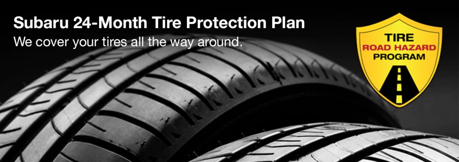 Subaru tire with 24-Month Tire Protection and road hazard program logo. | DELLA Subaru of Plattsburgh in Plattsburgh NY