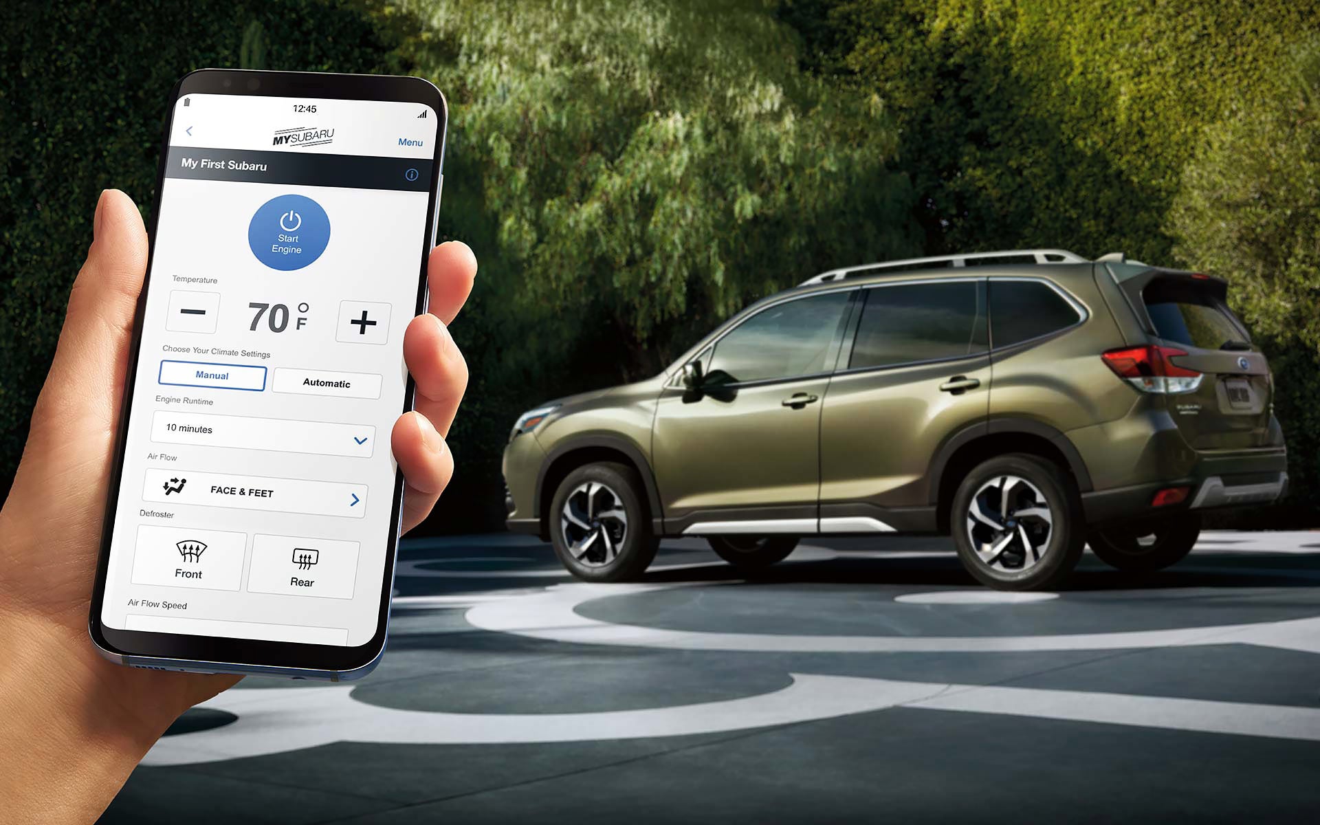 A close-up of a phone showing the Remote Engine Start with Climate Control feature of SUBARU STARLINK® Safety and Security available on the 2022 Forester. | DELLA Subaru of Plattsburgh in Plattsburgh NY