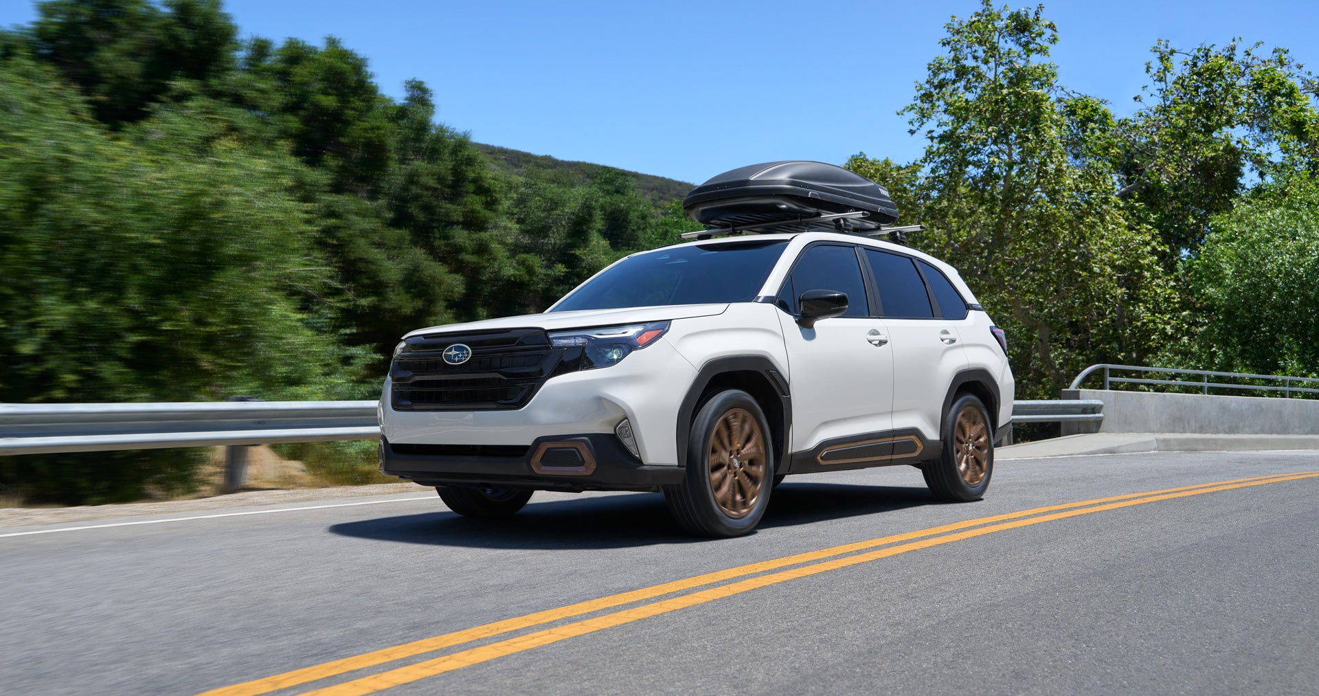 White Subaru SUV with a roof cargo box driving on a scenic mountain road.